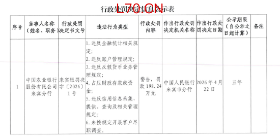 农业银行来宾分行被罚198.24万元：违反金融统计相关规定等